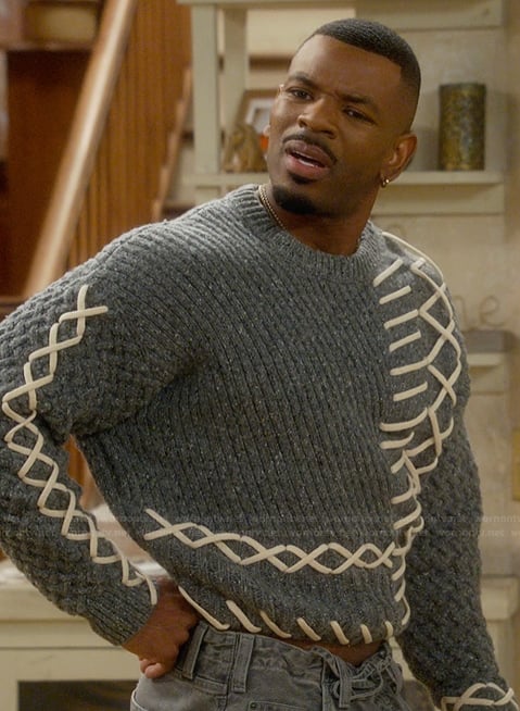 Bernard’s gray contrast stitch sweater on The Upshaws
