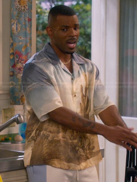Bernard's landscape print shirt on The Upshaws