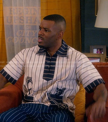 Bernard’s white white print striped shirt on The Upshaws