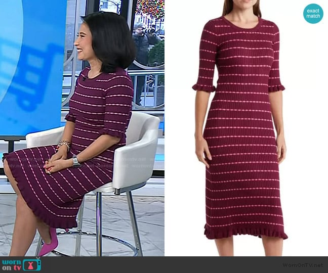 Betsey Johnson Striped Ruffle Trim Sweater Dress in Raspberry Radiance worn by Vicky Nguyen on Today
