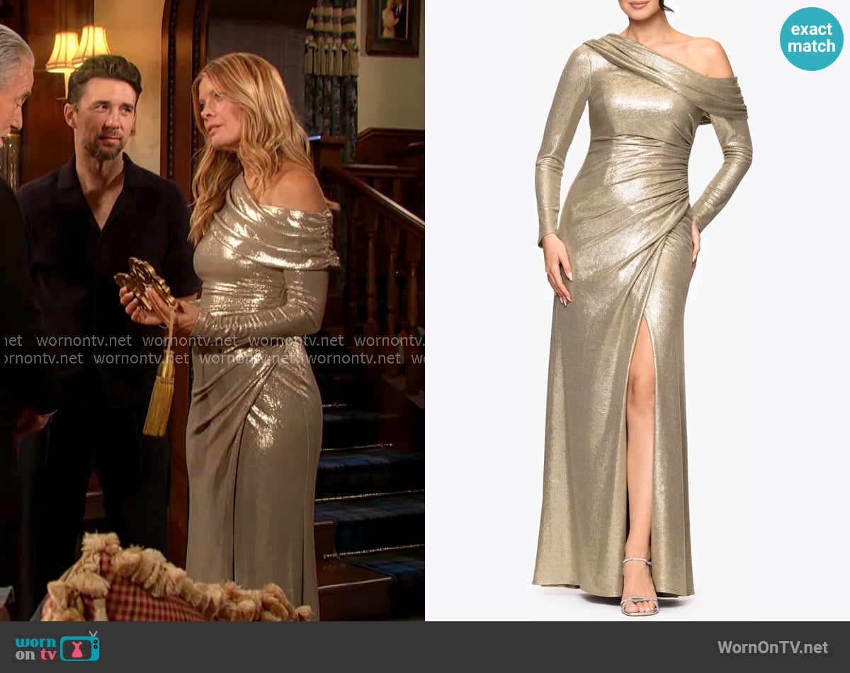 Phyllis’s gold off-shoulder dress on The Young and the Restless