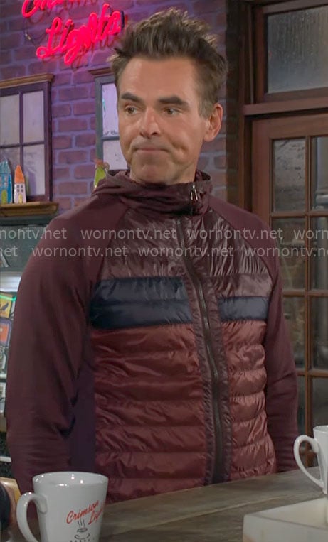 Billy’s burgundy and navy puffer jacket on The Young and the Restless