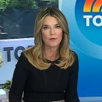 Savannah’s black mesh inset top and beige plaid pleated skirt on Today