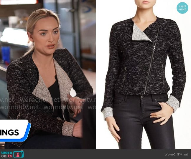 BNCI by Blanc Noir Asymmetric Tweed Moto Jacket worn by Kelly O'Grady on CBS Mornings