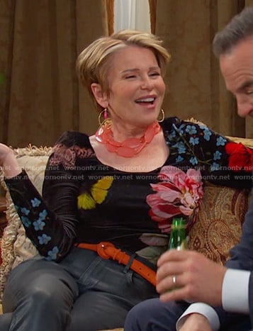 Bonnie’s black floral scoop neck top on Days of our Lives