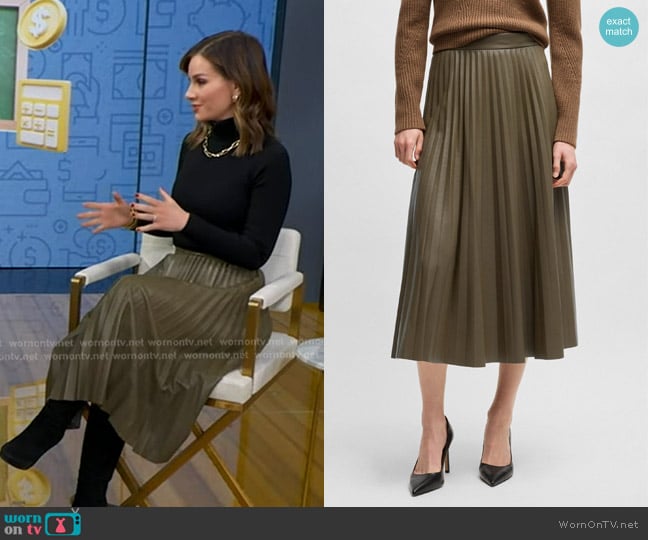 Boss Vaplita Pleated Faux Leather Midi Skirt worn by Rebecca Jarvis on Good Morning America