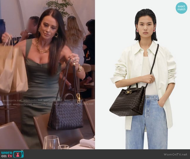 Bottega Veneta Andiamo Medium Bag in Fondant worn by Kyle Richards on The Real Housewives of Beverly Hills