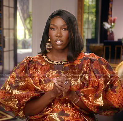 Bozoma's metallic puff sleeve confessional dress on The Real Housewives of Beverly Hills