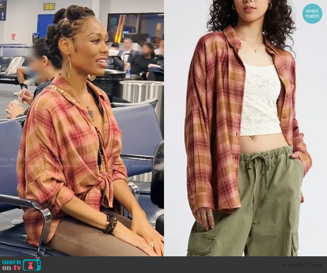 BP. Plaid oversize flannel button-up shirt worn by Monique Samuels on The Real Housewives of Potomac