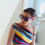 Bronwyn’s multicolor stripe one-shoulder dress on The Real Housewives of Salt Lake City