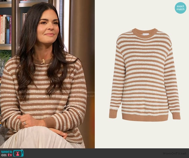 Brunello Cucinelli Cotton Striped Pullover with Micro Paillette Detail worn by Katherine Lee Biegel on The Drew Barrymore Show