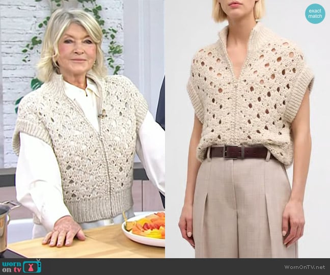 Brunello Cucinelli High-Neck Paillette Round Open-Weave Zip Cashmere Cardigan worn by Martha Stewart on Today