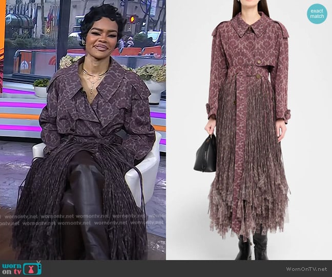 Burberry Fitzrovia Baroque Fringe Long Trench Coat in Duchess red worn by Teyana Taylor on Today