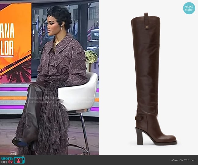 Burberry Leather Cavalier Thigh-high Heel Boots in Treacle brown worn by Teyana Taylor on Today