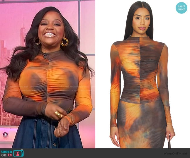 Sherri’s orange tie dye mesh top on Sherri