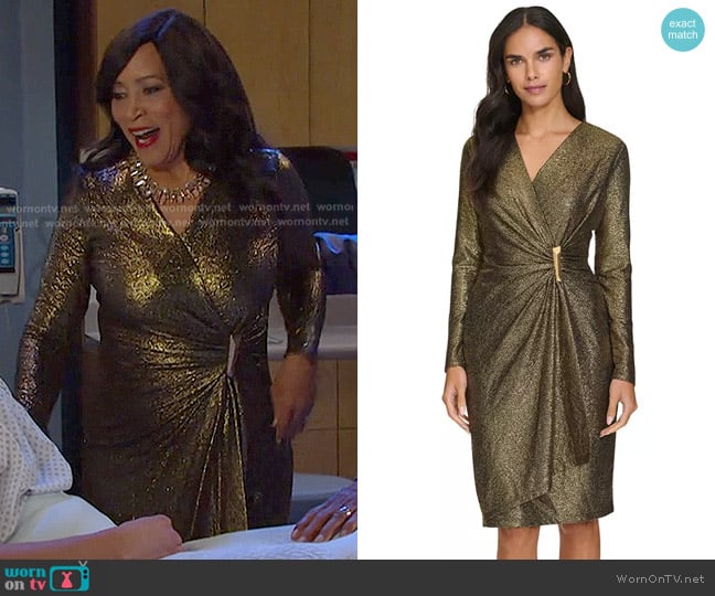 Paulina’s gold glitter wrap dress on Days of our Lives Paulina’s gold glitter wrap dress on Days of our Lives