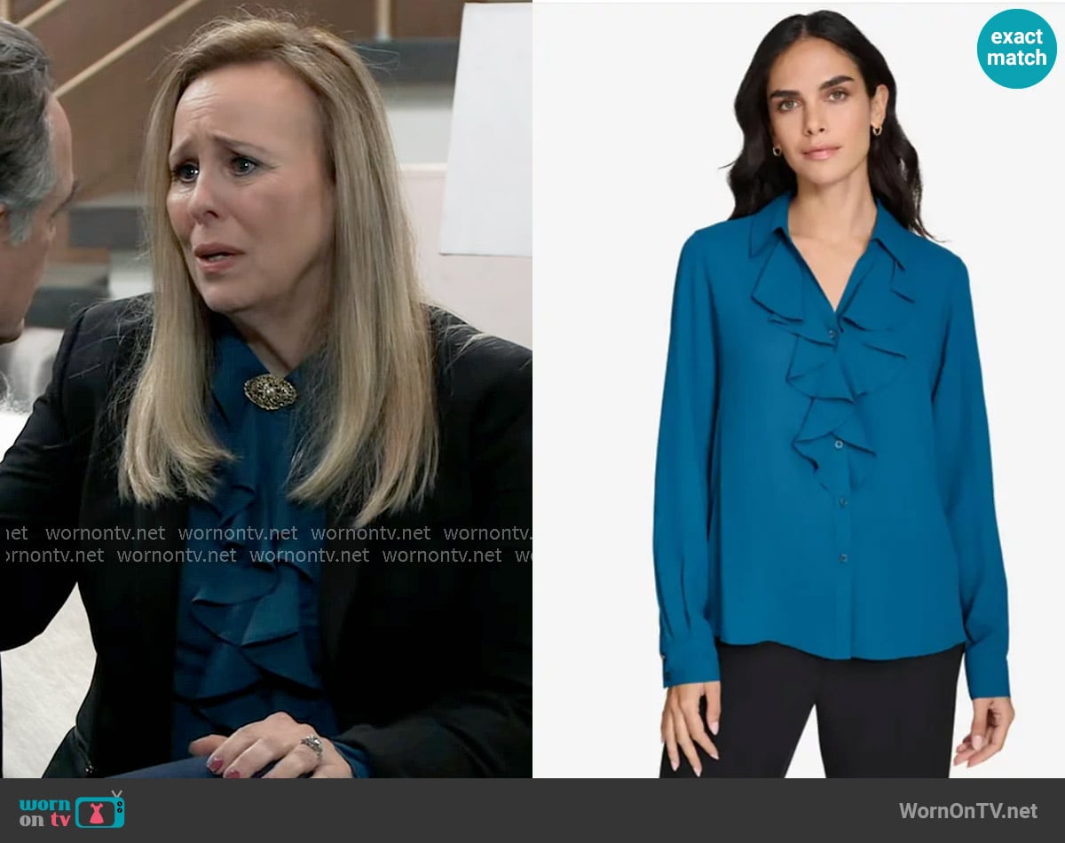 Calvin Klein Ruffle-Front Long-Sleeve Blouse in Cypress worn by Laura Collins (Genie Francis) on General Hospital