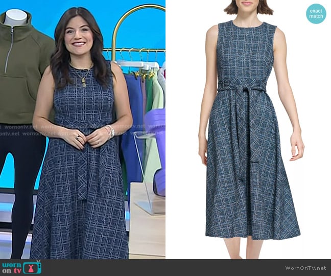 Calvin Klein Tweed Belted A-Line Dress in Posideon Multi worn by Adrianna Barrionuevo Brach on Today