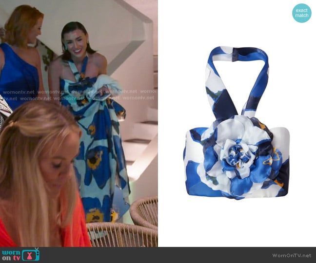 Carolina Herrera Floral-print Halter Bralette Top with Removable Flower in Multi worn by Bronwyn Newport on The Real Housewives of Salt Lake City