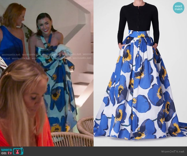Carolina Herrera Floral-Print Pleated Silk Ball Skirt worn by Bronwyn Newport on The Real Housewives of Salt Lake City