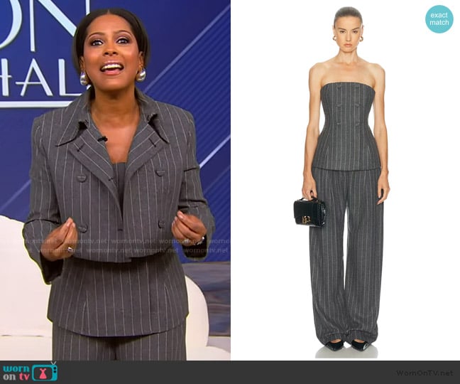 Carolina Herrera Pinstriped Wool-Blend Top and Pants worn by Tamron Hall on Tamron Hall Show