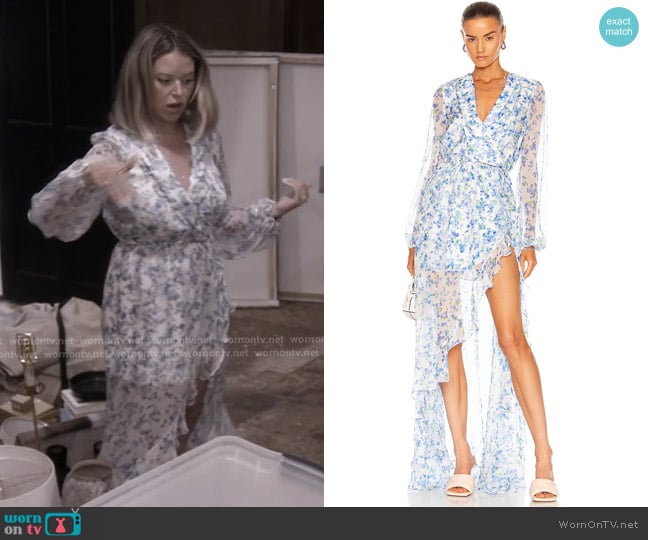 Caroline Constas Vivian Gown in Blue Abstract Blossom worn by Amanda Frances on The Real Housewives of Beverly Hills