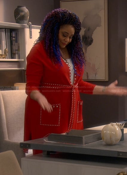 Carol’s red embellished robe on The Upshaws