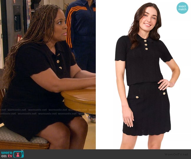 CeCe Scalloped Jewel-Button Short-Sleeve Sweater worn by Regina Upshaw (Kim Fields) on The Upshaws