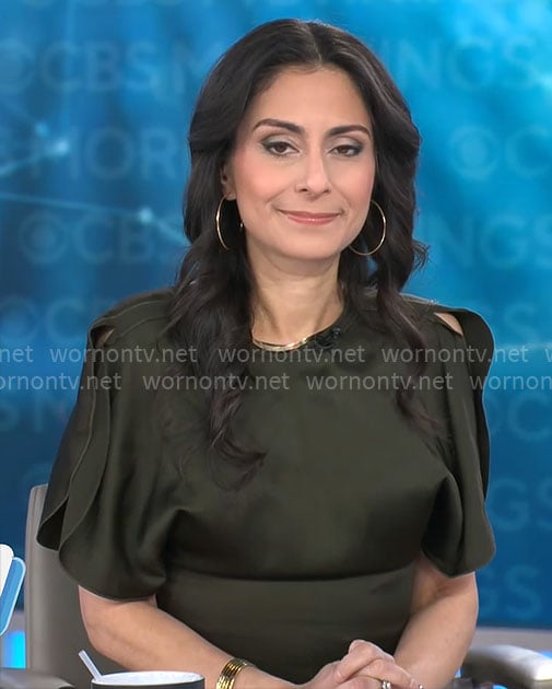 Celine Gounder’s green flutter sleeve top on CBS Mornings