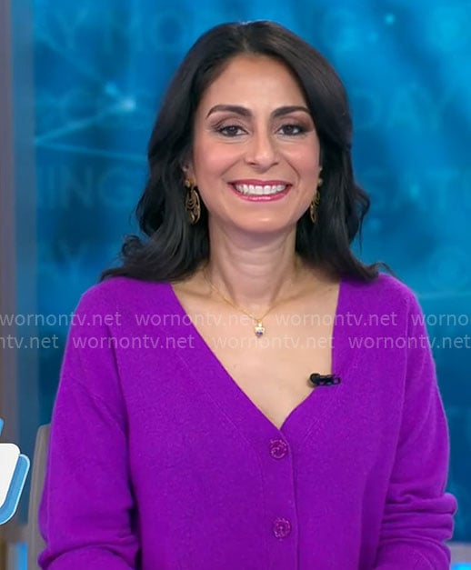 Celine Gounder’s purple v-neck cardigan on CBS Mornings