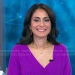 Celine Gounder’s purple v-neck cardigan on CBS Mornings