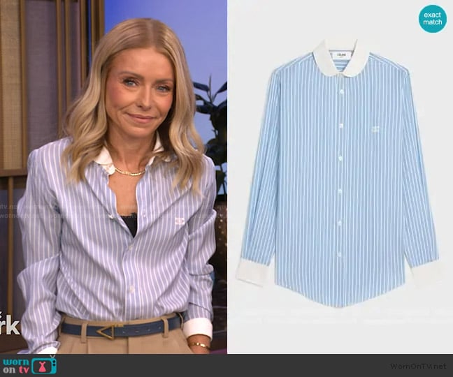 Celine Romy Shirt in Striped Silk worn by Kelly Ripa on Live with Kelly and Mark