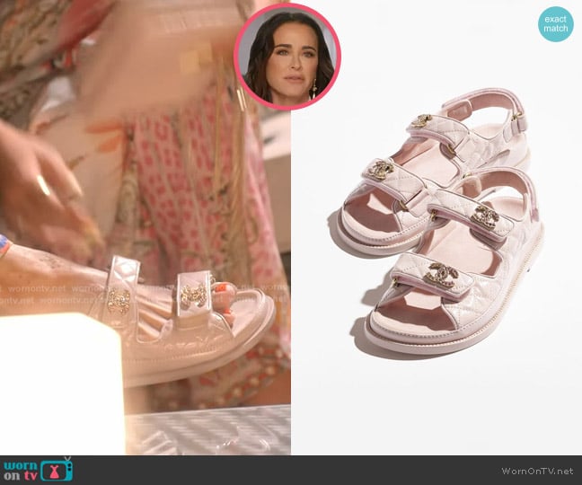 Chanel Shiny Calfskin Crystal Quilted Slide Sandals worn by Kyle Richards on The Real Housewives of Beverly Hills