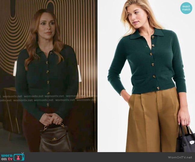 Charter Club 100% Cashmere Collared Shrunken Cardigan in Green worn by Maddie Kendall (Jennifer Love Hewitt) on 9-1-1