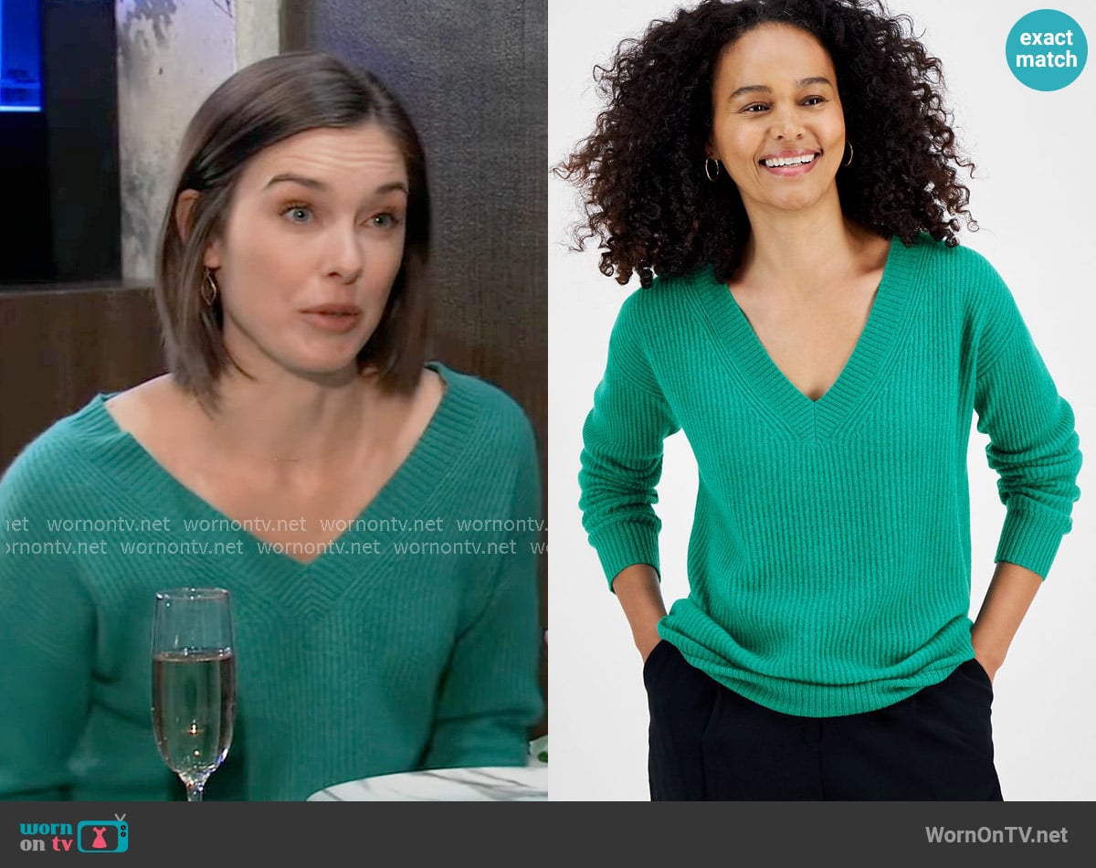 Charter Club 100% Cashmere Ribbed V-Neck Sweater worn by Willow Tait (Katelyn MacMullen) on General Hospital