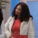 Chelsea’s orange fluffy top, cropped jacket and striped pants on Beyond the Gates