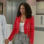 Chelsea’s red moto jacket and plaid pants on Beyond the Gates
