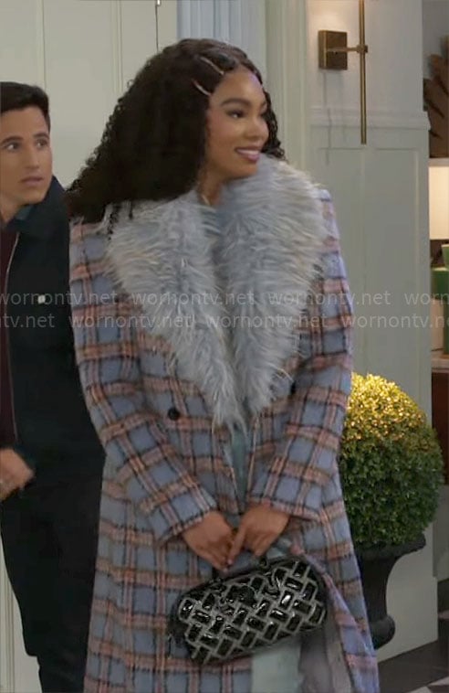 Chelsea’s plaid coat with fur collar on Beyond the Gates