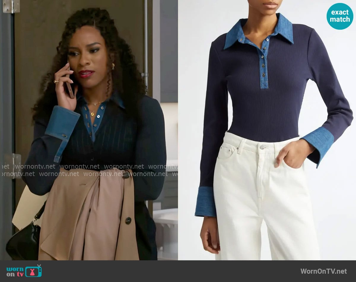 Cinq a Sept Jaden Denim Collar Shirt in Navy / Medium Wash worn by Naomi Hamilton Hawthorne (Arielle Prepetit) on Beyond the Gates