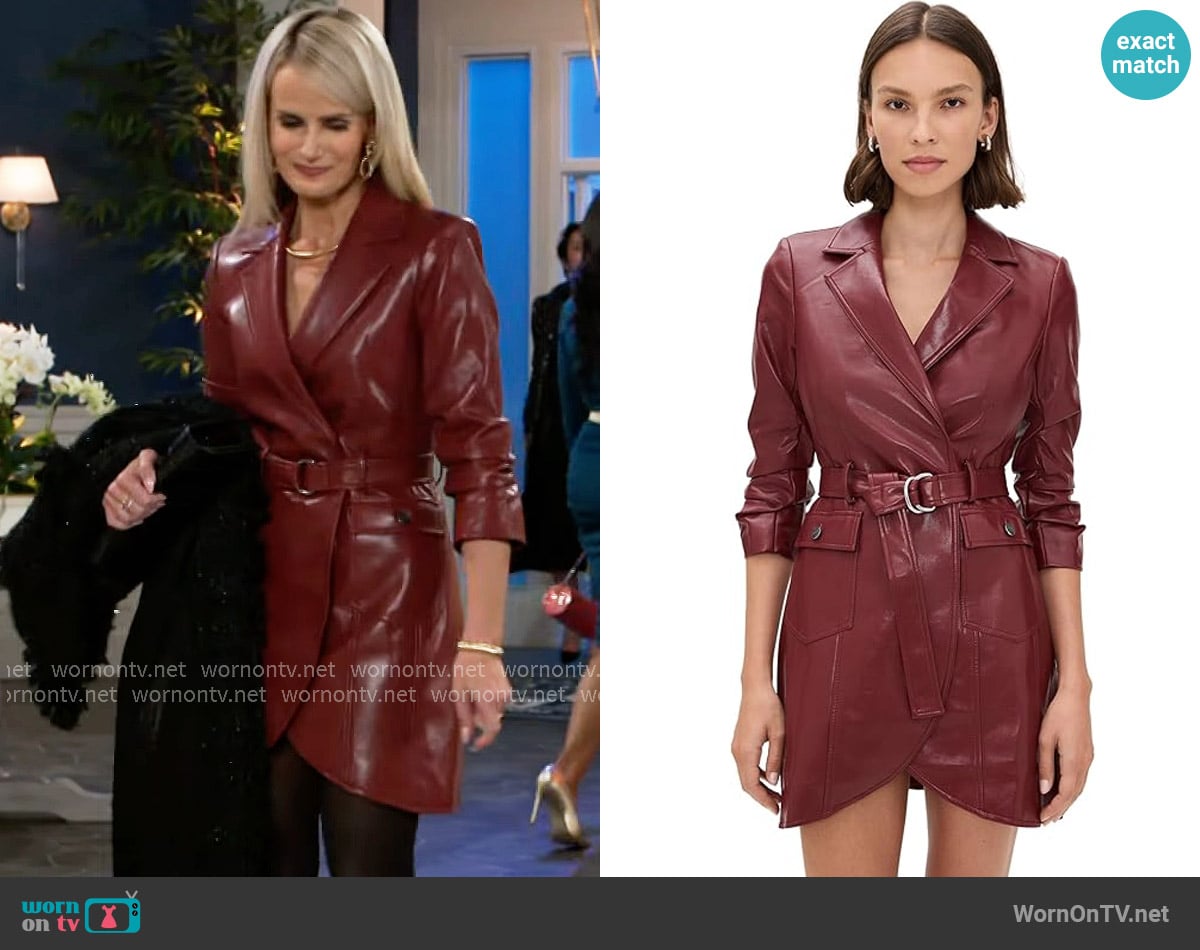 Cinq a Sept Jenessa Vegan Leather Dress in Wineberry worn by Vanessa McBride (Lauren Buglioli) on Beyond the Gates