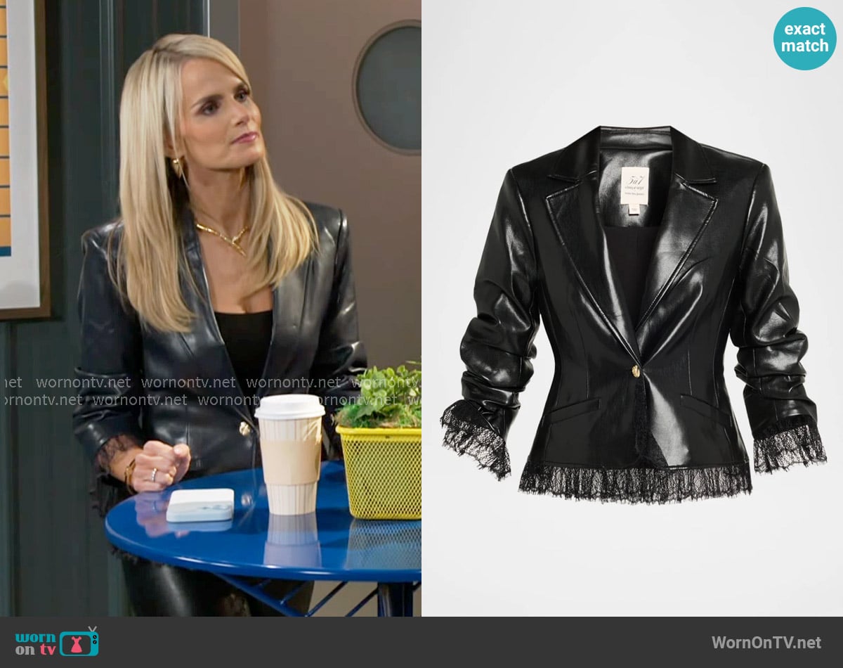 Cinq a Sept Lace-Trim Vegan Leather Blazer in Black / Black worn by Vanessa McBride (Lauren Buglioli) on Beyond the Gates