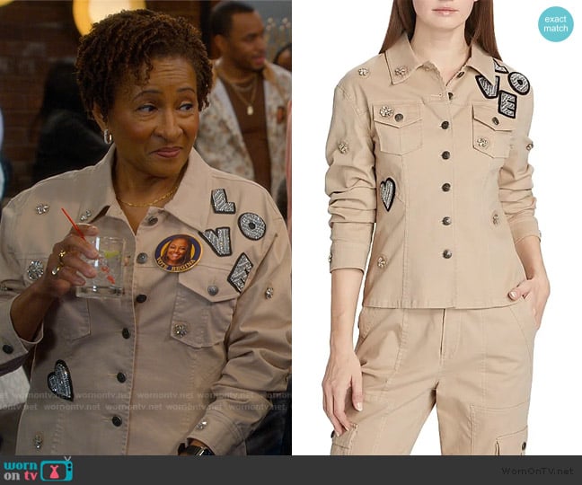 Lucretia’s khaki embroidered jacket on The Upshaws