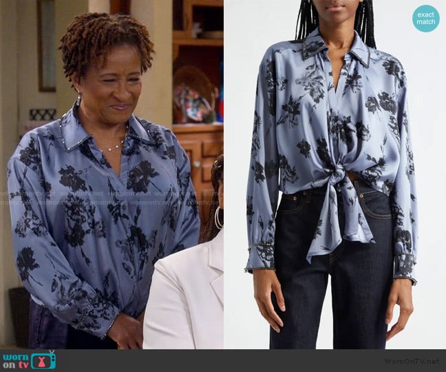 Cinq a Sept Marianna Floral Embellished Tie Front Top worn by Lucretia Turner (Wanda Sykes) on The Upshaws