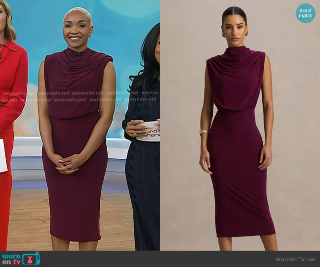 Club L London Hermia High-Neck Midi Dress in Burgundy worn by Shayna Yvonne Rudd on Today