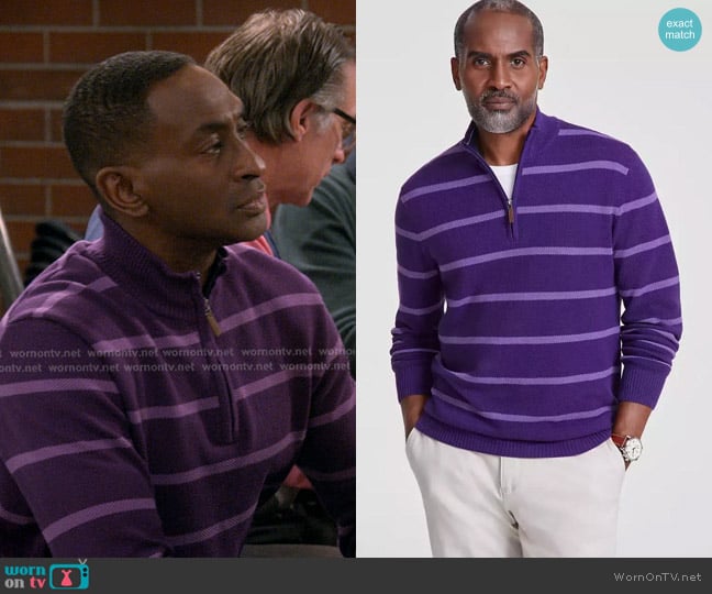 Club Room Stripe Quarter-Zip Sweater worn by Tony (Mike Estime) on The Upshaws