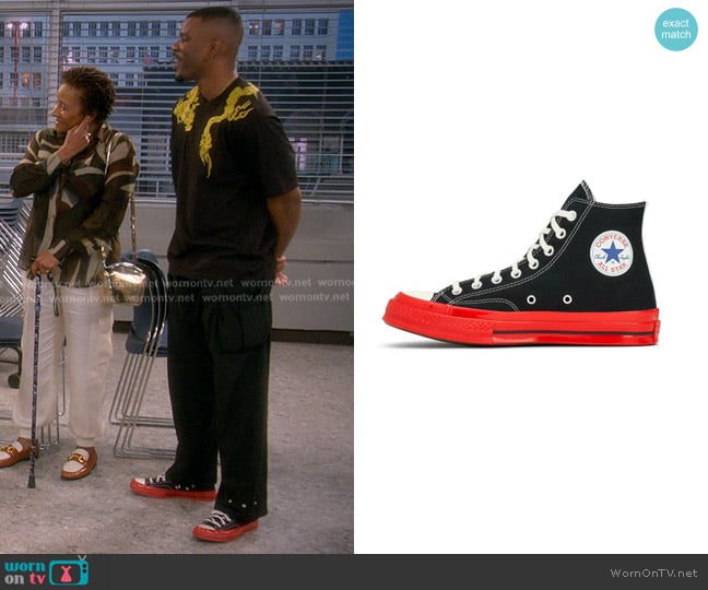 Converse x Comme des Garcons PLAY Red Sole High Top worn by Bernard Upshaw Jr (Jermelle Simon-Jones) on The Upshaws