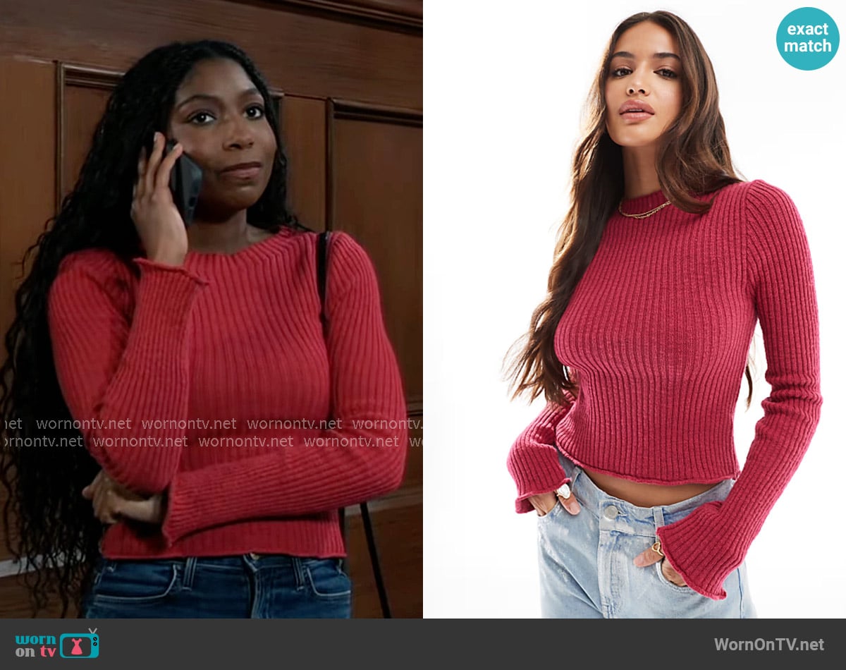 Cotton On Bab Fitted Knit Sweater in Tulip worn by Trina Robinson (Tabyana Ali) on General Hospital