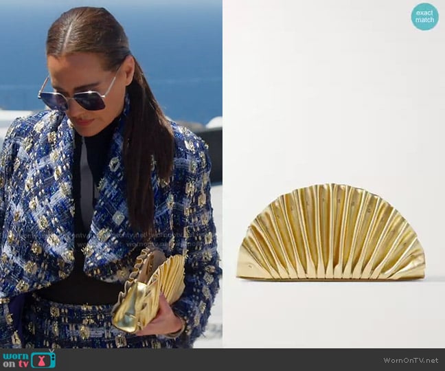 Cult Gaia Nala Mini Pleated Metallic Clutch Bag worn by Meredith Marks on The Real Housewives of Salt Lake City