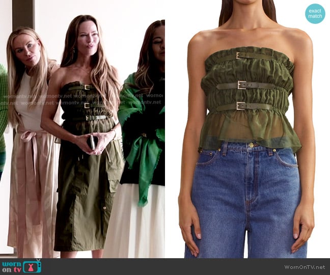Cynthia Rowley Silk Buckle-Strap Smock Top in Dark Green worn by Britani Bateman on The Real Housewives of Salt Lake City