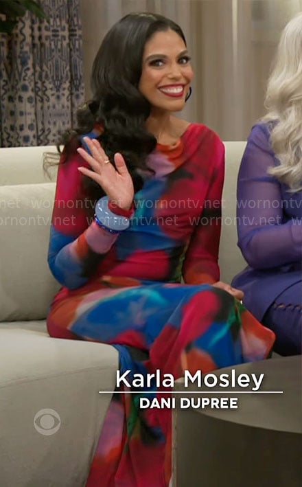 Dani's blue and red printed mesh dress on Beyond the Gates